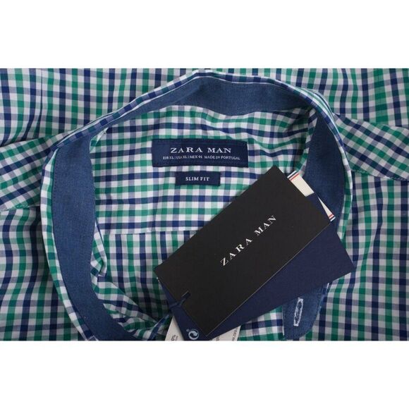 Zara Man Men Vichy Oxford Shirt Size XL Green Navy Checked 6608/405 NWT - Picture 6 of 6